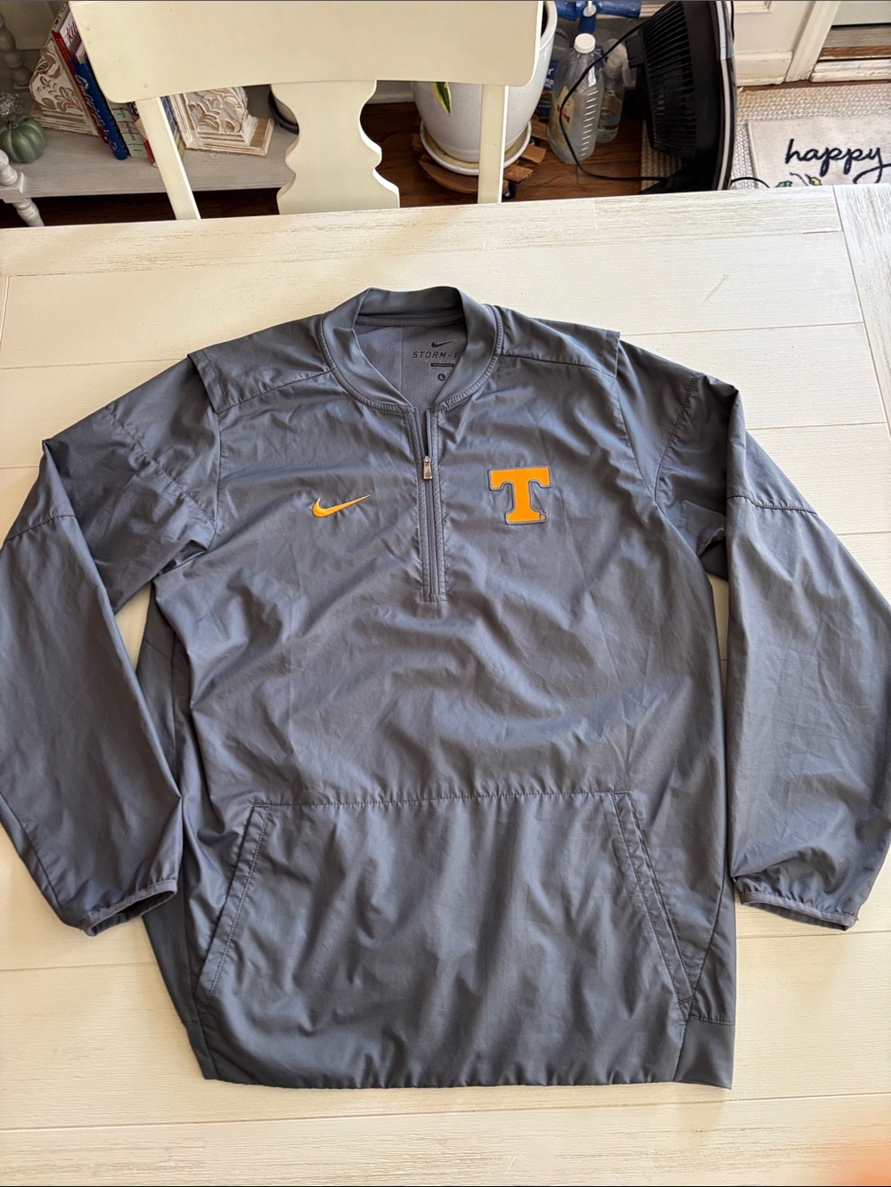 Nike Men's Gray Windbreaker with Orange 'T' and Swoosh